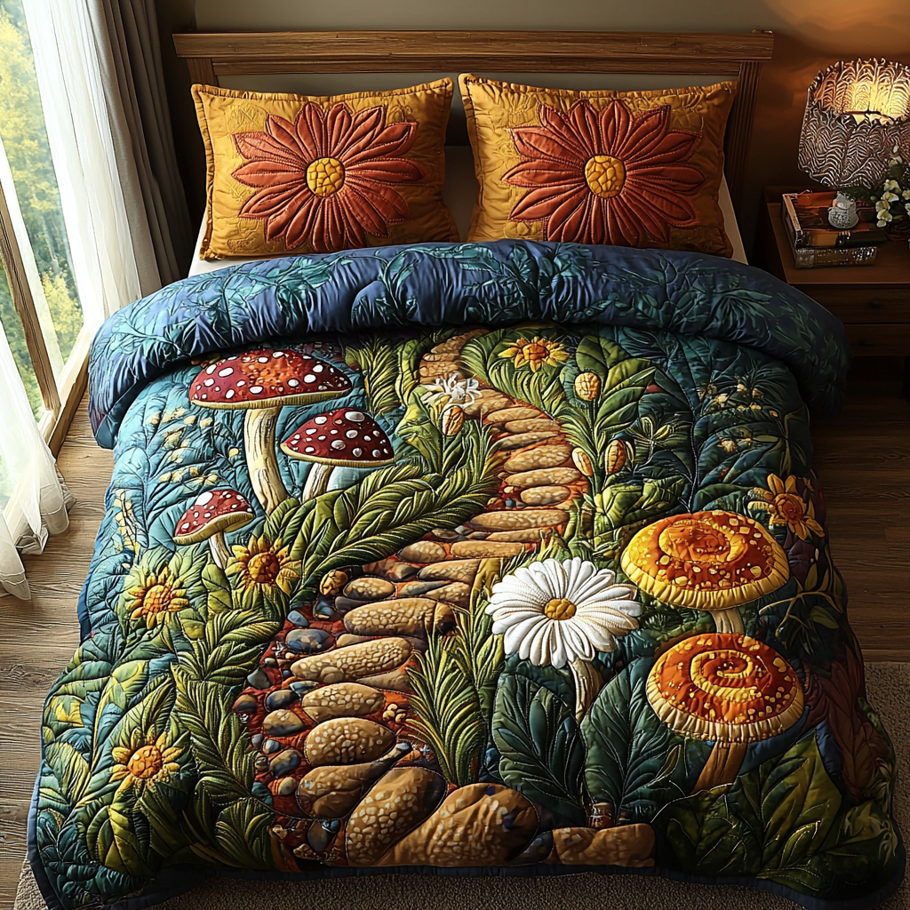 Golden Mushroom Path 3-Piece Quilted Bedding Set NCU0DV6066 – Vantique