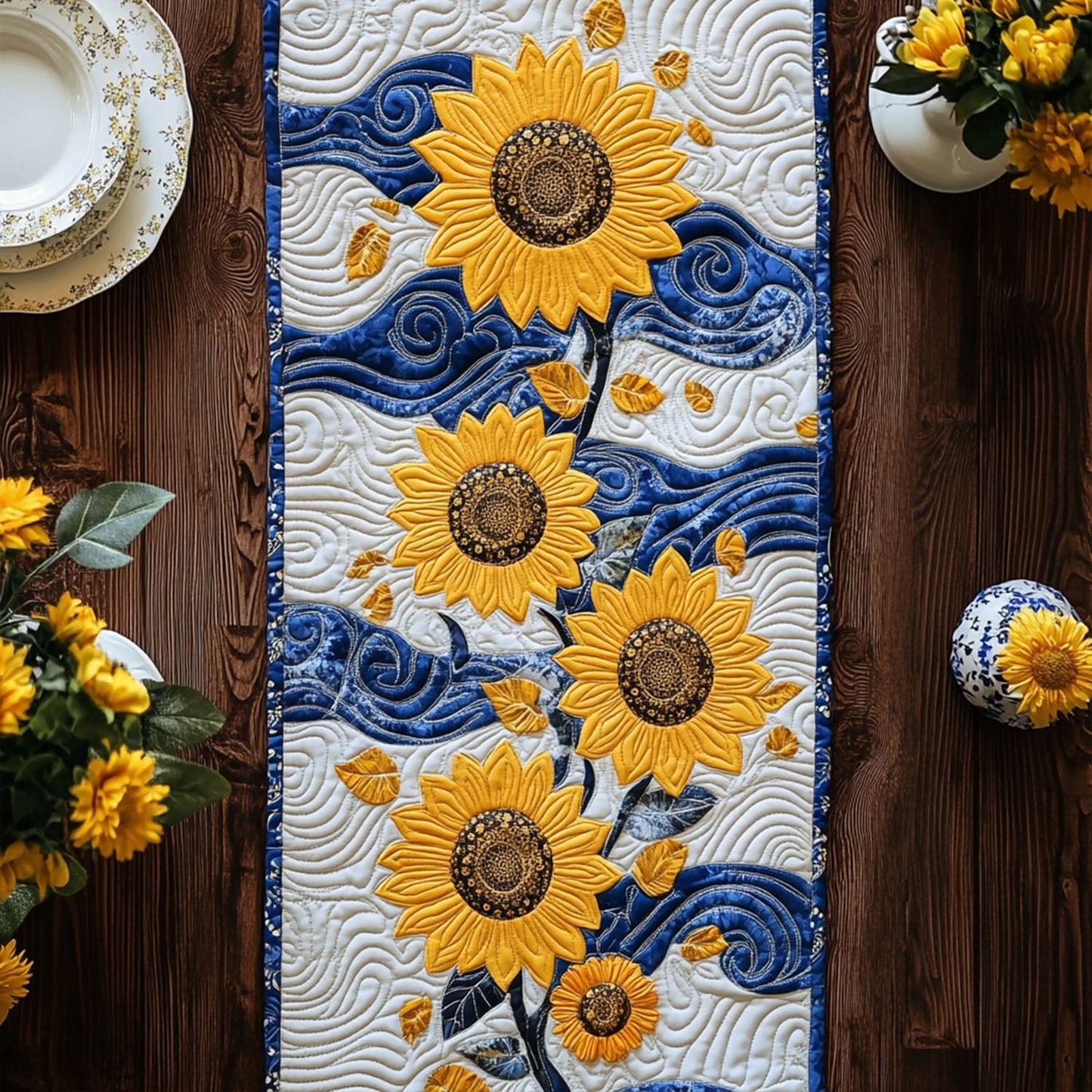 Golden Petal Drift Quilted Table Runner NCU0PT5230