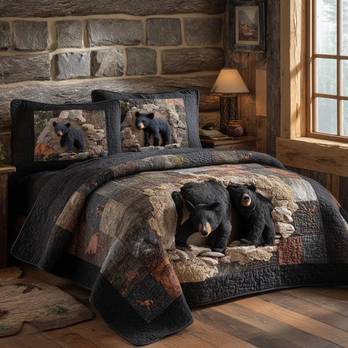 Golden Pines Black Bear 3-Piece Quilted Bedding Set NCU0DV8010