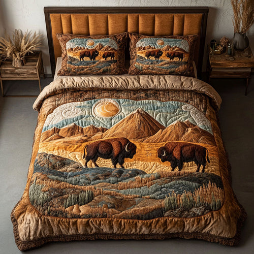 Golden Plains Bison 3-Piece Quilted Bedding Set NCU0NT4415