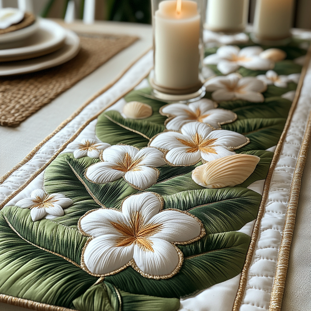 Golden Plumeria Quilted Table Runner NCU0DV4823
