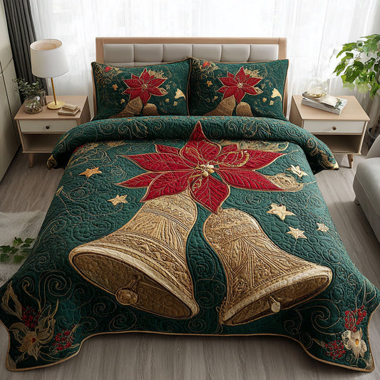 Golden Poinsettia Bells 3-Piece Quilted Bedding Set NCU0HH337
