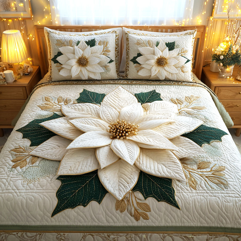 Golden Poinsettia Bloom 3-Piece Quilted Bedding Set NCU0TV218