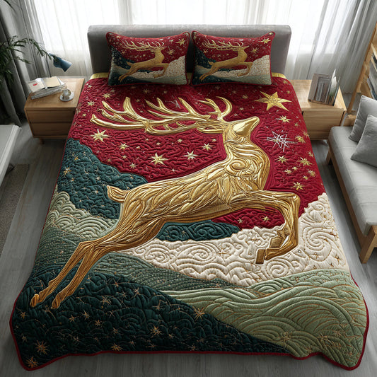 Golden Reindeer Night 3-Piece Quilted Bedding Set NCU0HH343
