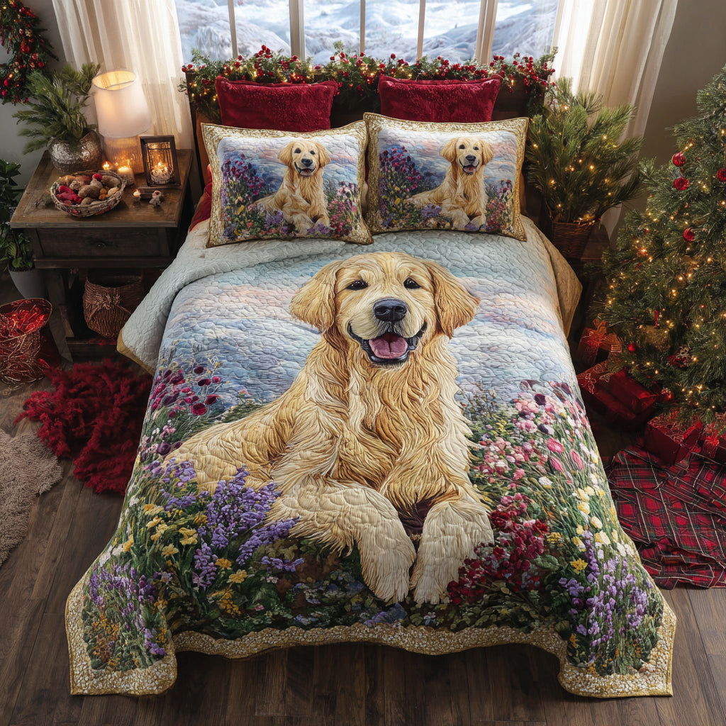 Golden Retriever Bloom 3-Piece Quilted Bedding Set NCU0HH1562