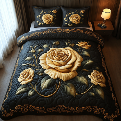 Golden Roses Glow 3-Piece Quilted Bedding Set NCU0DV5152