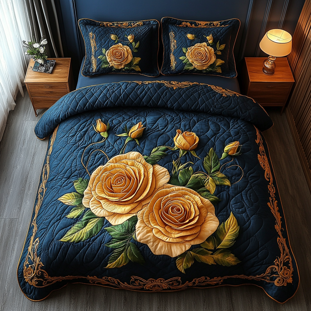 Golden Roses Grace 3-Piece Quilted Bedding Set NCU0DV5151