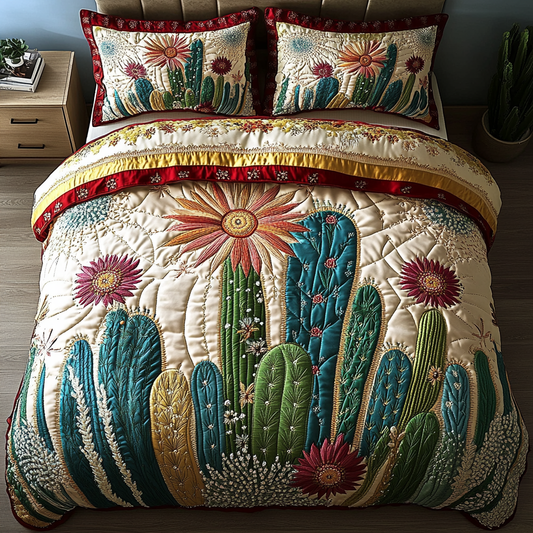 Golden Sunflower Cactus 3-Piece Quilted Bedding Set NCU0VL1252