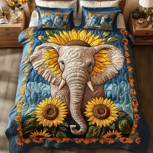 Golden Sunflower Elephant 3-Piece Quilted Bedding Set NCU0NT3196