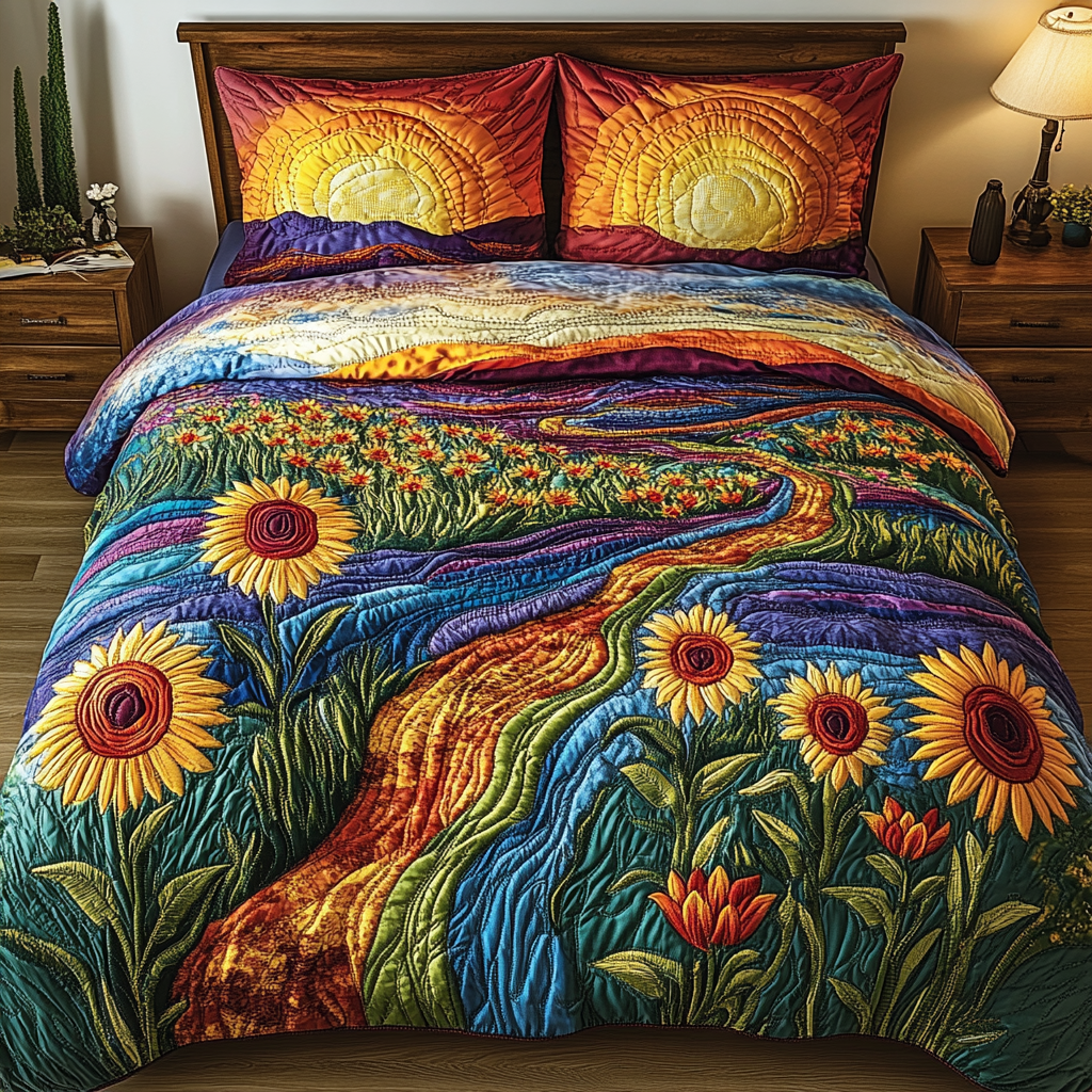 Golden Sunrise Path 3-Piece Quilted Bedding Set NCU0VL1178 – Vantique