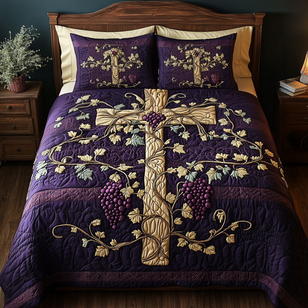 Grape Gold Cross 3-Piece Quilted Bedding Set NCU0NT3294