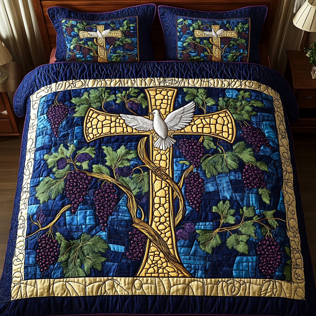 Grapevine Cross Blue 3-Piece Quilted Bedding Set NCU0NT3295