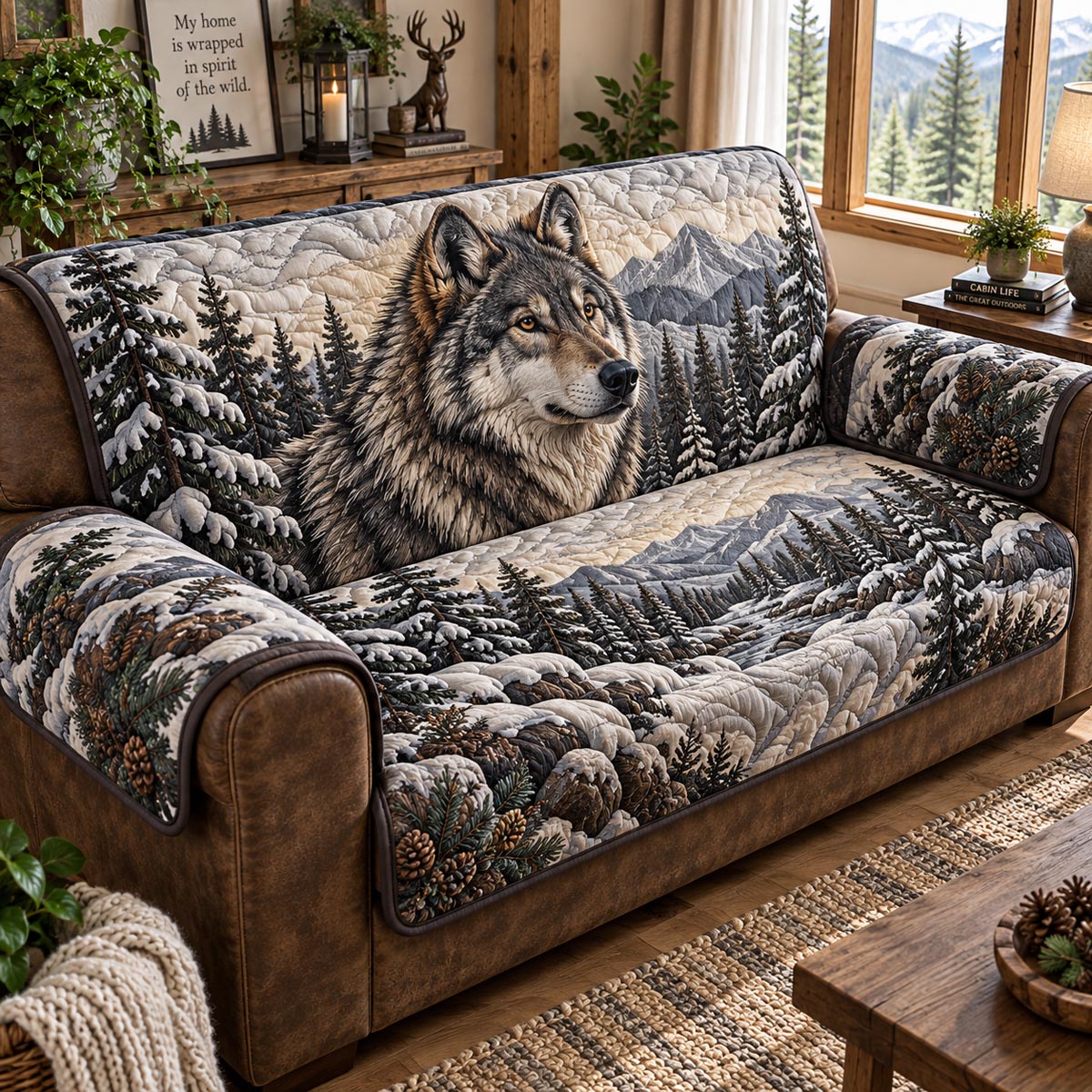 Gray Wolf Wilderness Quilted Sofa Cover NCU0DV10098