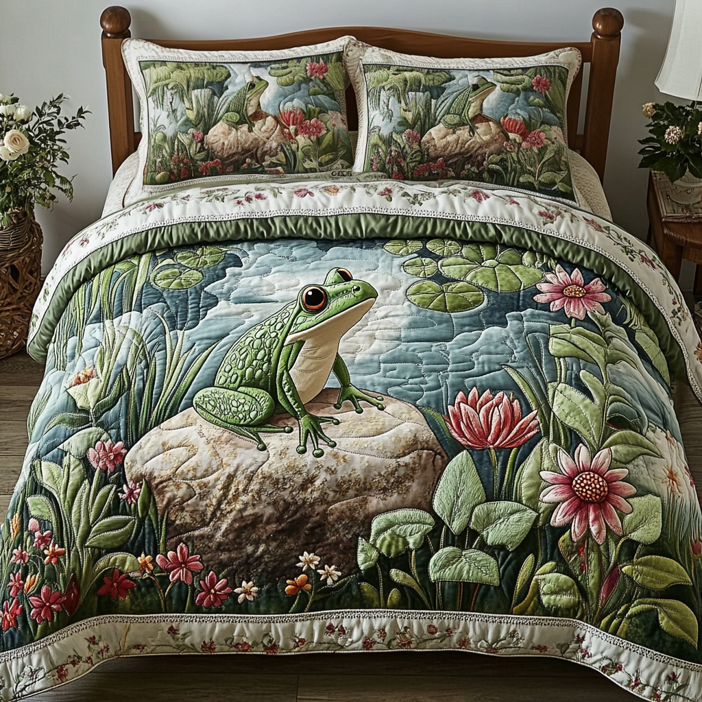 Green Frog 3-Piece Quilted Bedding Set NCU0DK7512