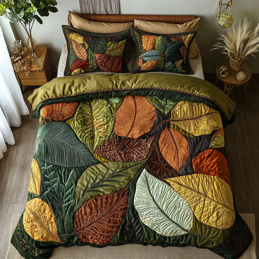 Green Leaf 3-Piece Quilted Bedding Set NCU0DK7983