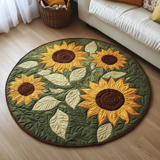 Green Sunflower Leaves Quilted Round Mat NCU0HH050