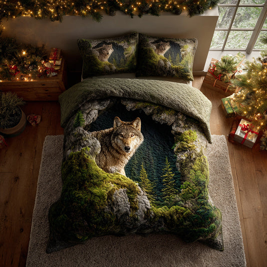 Grotto Wolf Spirit 3-Piece Quilted Bedding Set NCU0HH1449