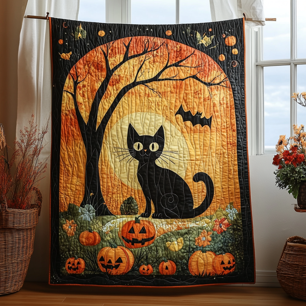 Halloween Black Cat Quilted Blanket NCU0PD489