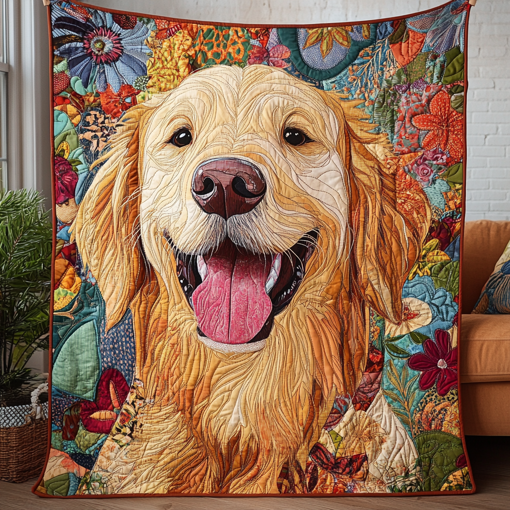 Happy Golden Retriever Quilted Blanket NCU0DV490