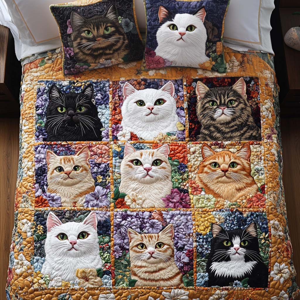 Happy Cat Parade 3-Piece Quilted Bedding Set NCU0NT8274