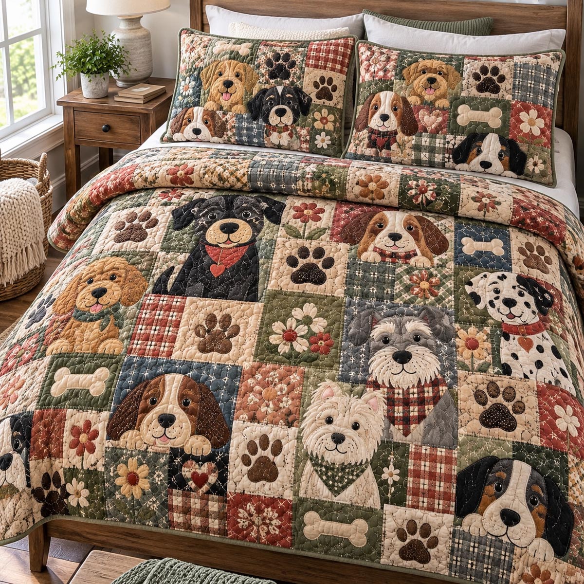 Happy Dog Gathering 3-Piece Quilted Bedding Set NCU0DV10506