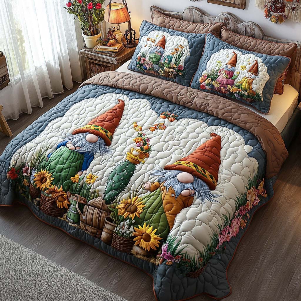 Happy Garden Gnome 3-Piece Quilted Bedding Set NCU0XD096