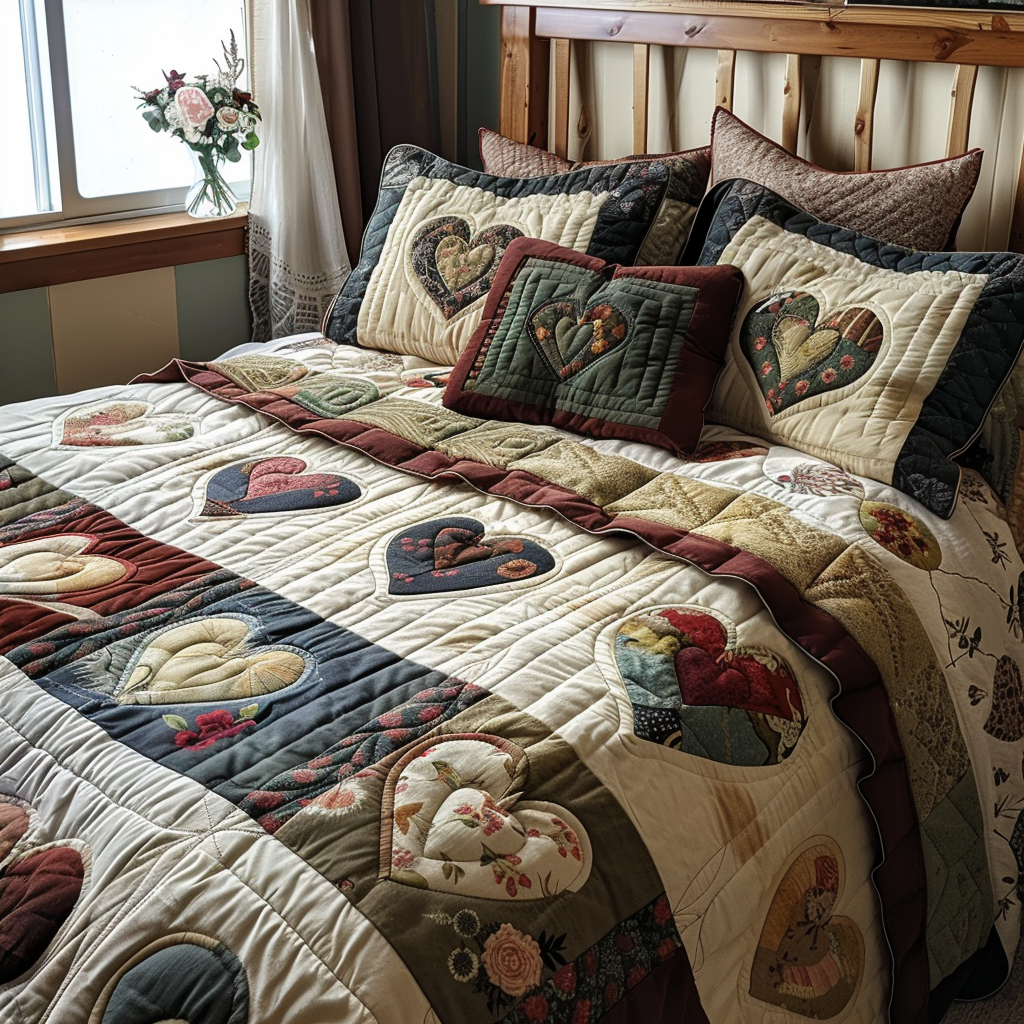 Harvest Hearts 3-Piece Quilted Bedding Set NCU0DV5790