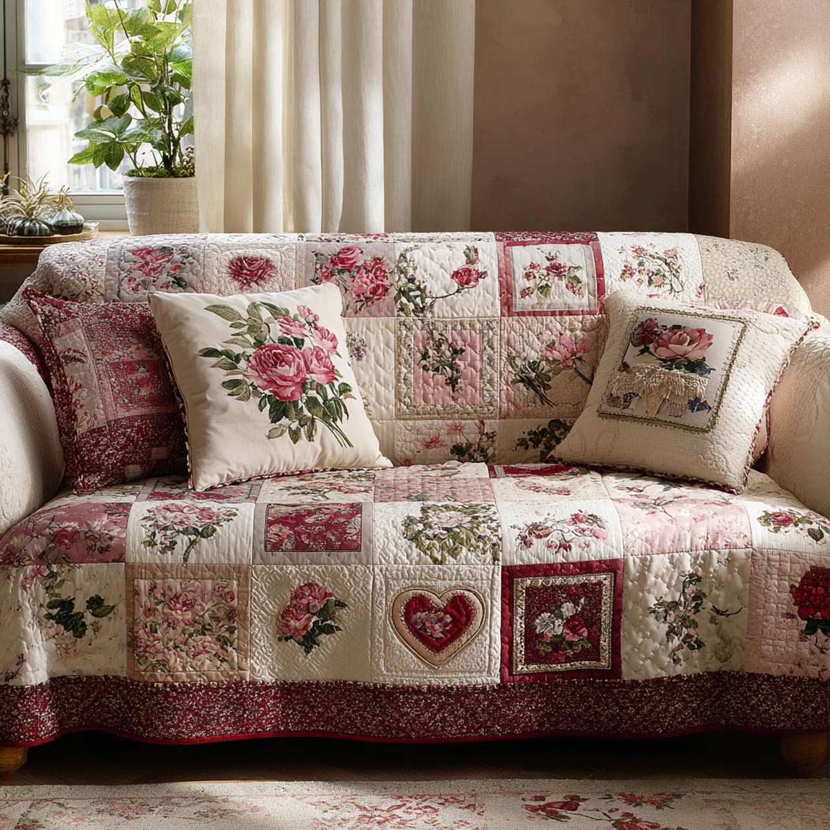 Heart Bloom Quilted Sofa Cover NCU0DV9138