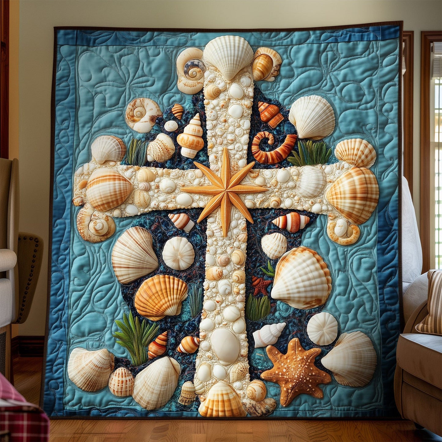 Heavenly Seashells Cross Quilted Blanket NCU0DV967