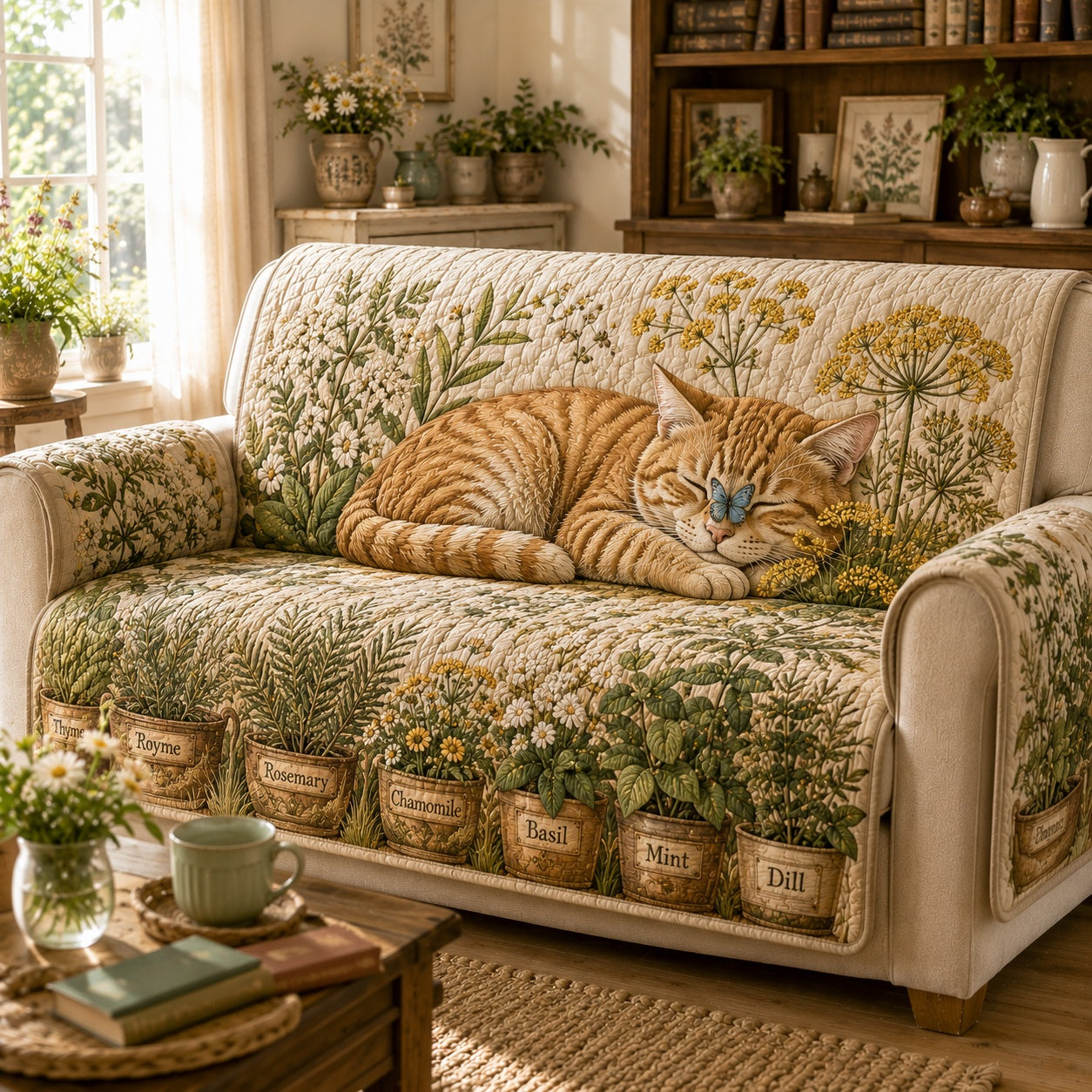 Herbal Butterfly Purr Quilted Sofa Cover NCU0VL3899