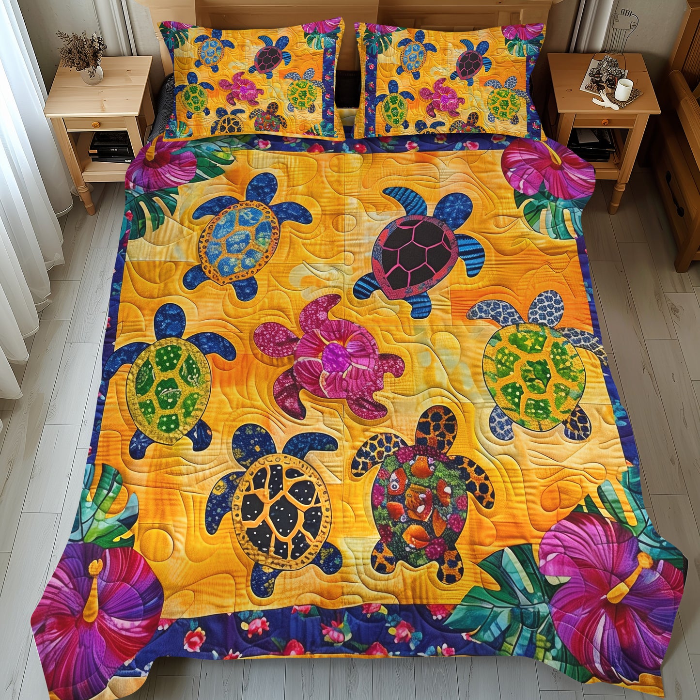 Hibiscus Turtle 3-Piece Quilted Bedding Set NCU0TL466