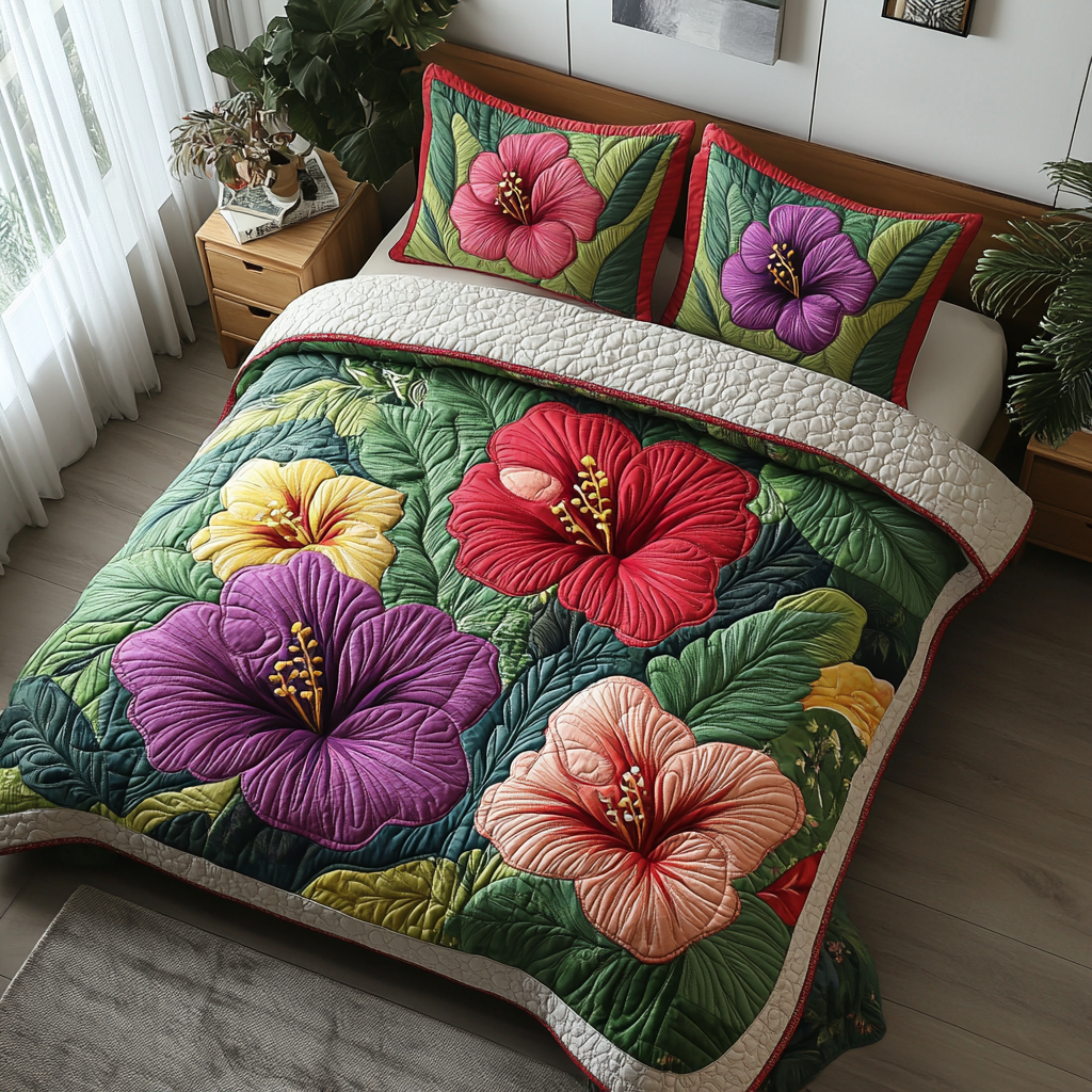 Hibiscus Bloom 3-Piece Quilted Bedding Set NCU0DV4449