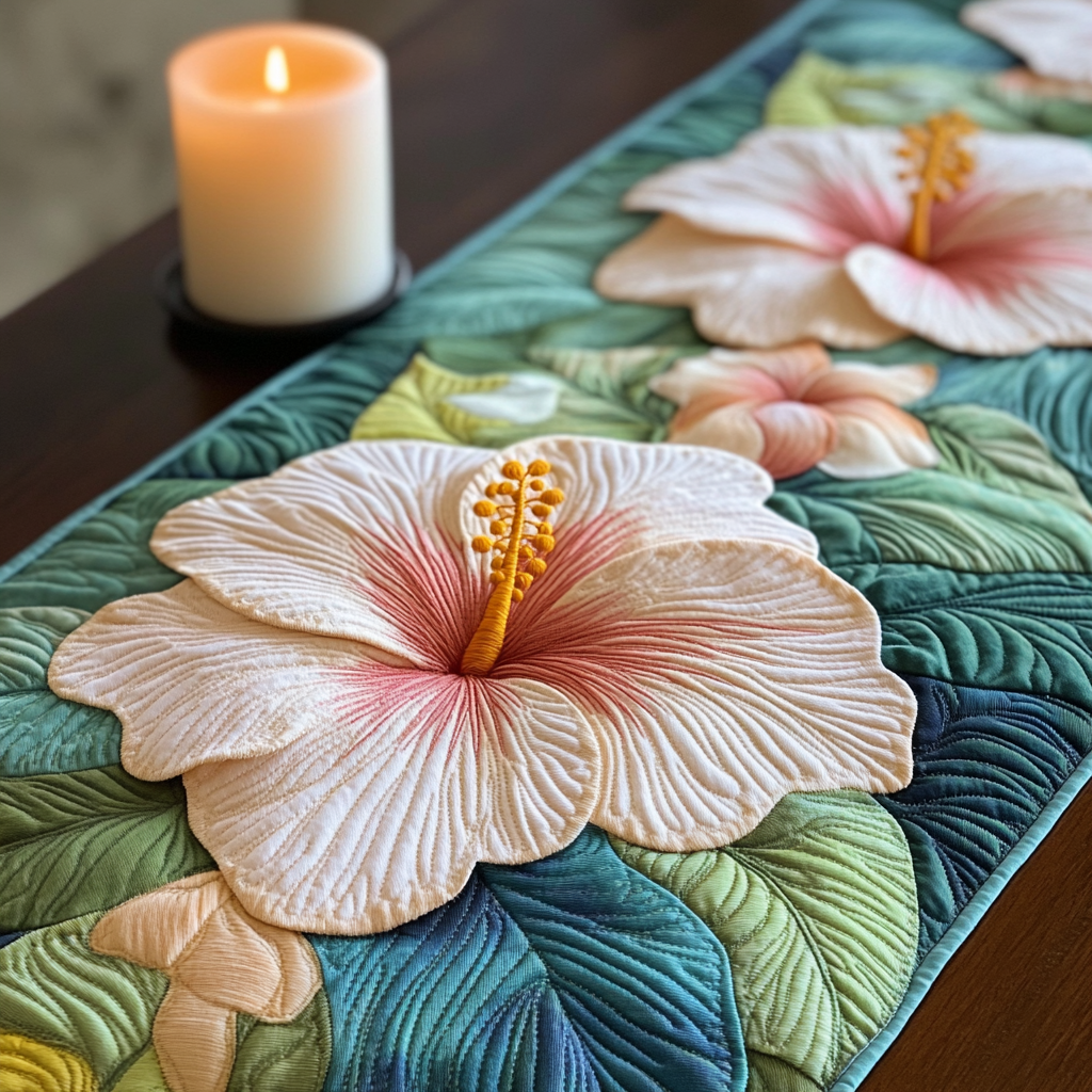 Hibiscus Bloom Quilted Table Runner NCU0VH3955