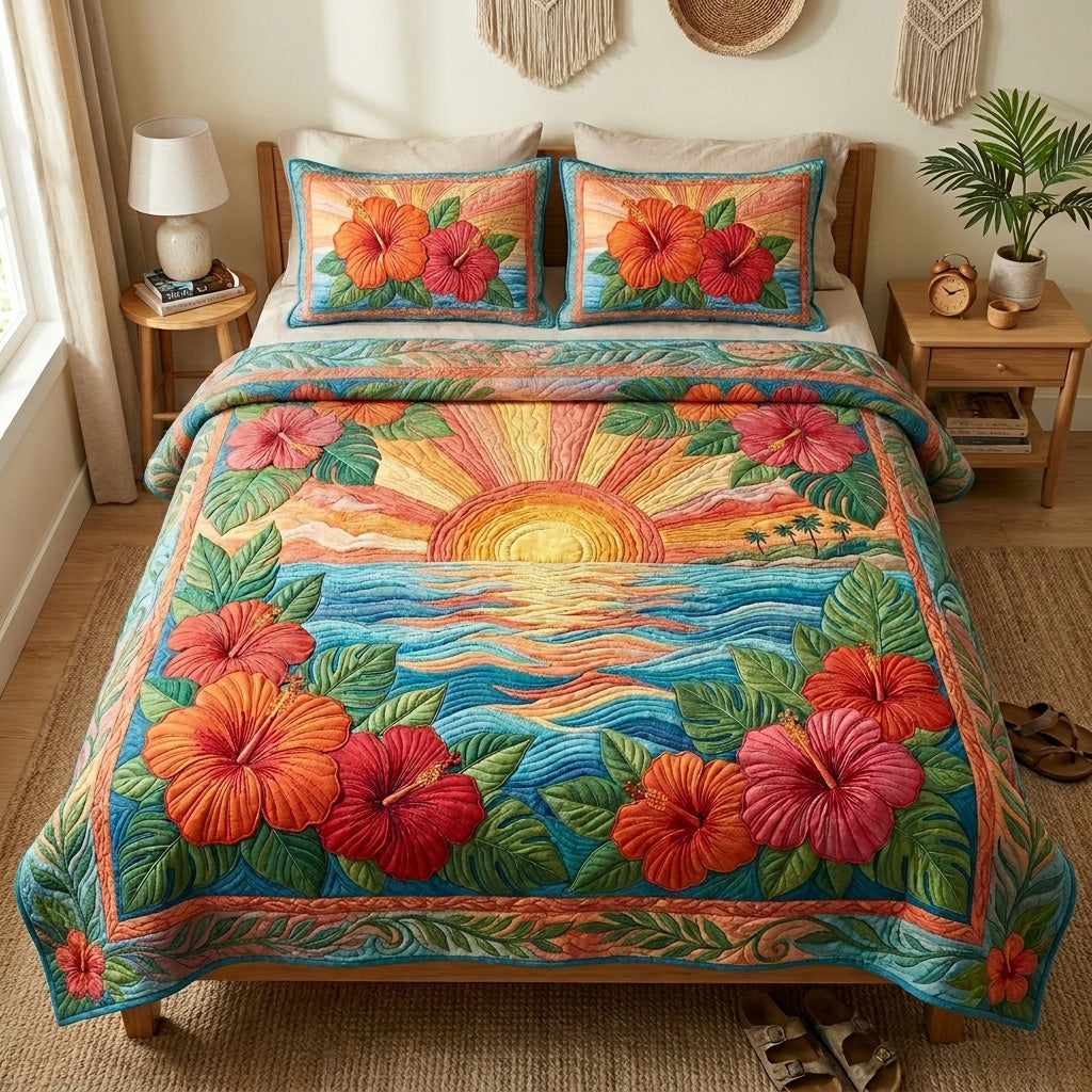 Hibiscus Dawn 3-Piece Quilted Bedding Set NCU0TV1930
