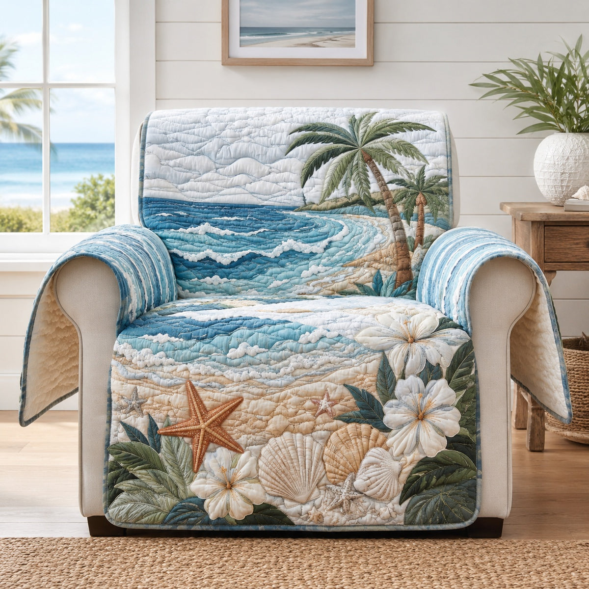 Hibiscus Island Breeze Quilted Sofa Cover NCU0VL3984