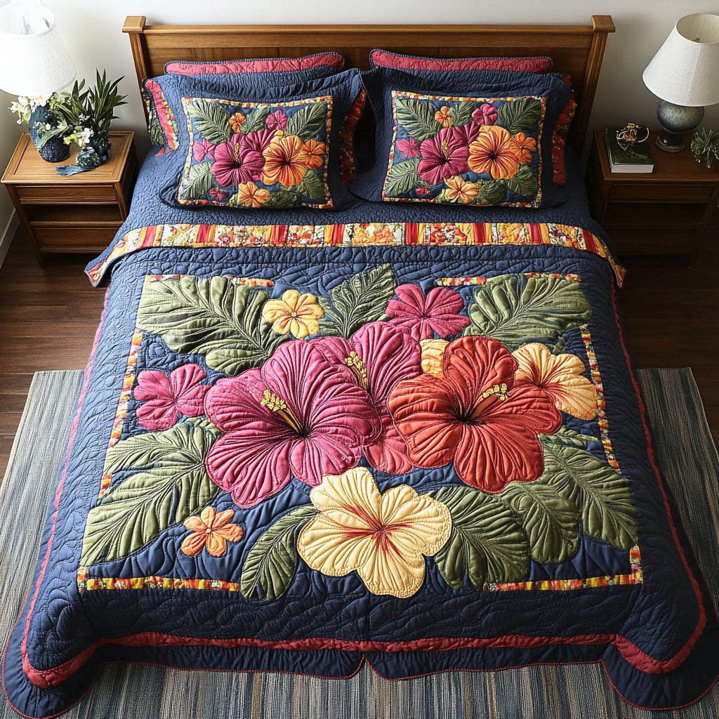 Hibiscus Oasis 3-Piece Quilted Bedding Set NCU0TD2613