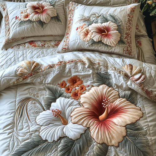 Hibiscus Pearl 3-Piece Quilted Bedding Set NCU0DV4862