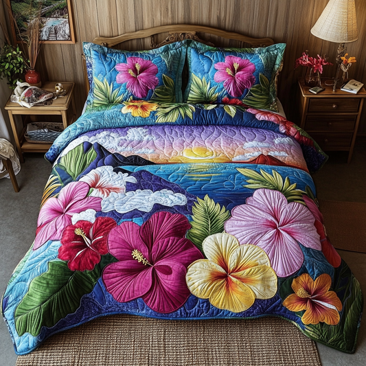 Hibiscus Sunset 3-Piece Quilted Bedding Set NCU0VL2522