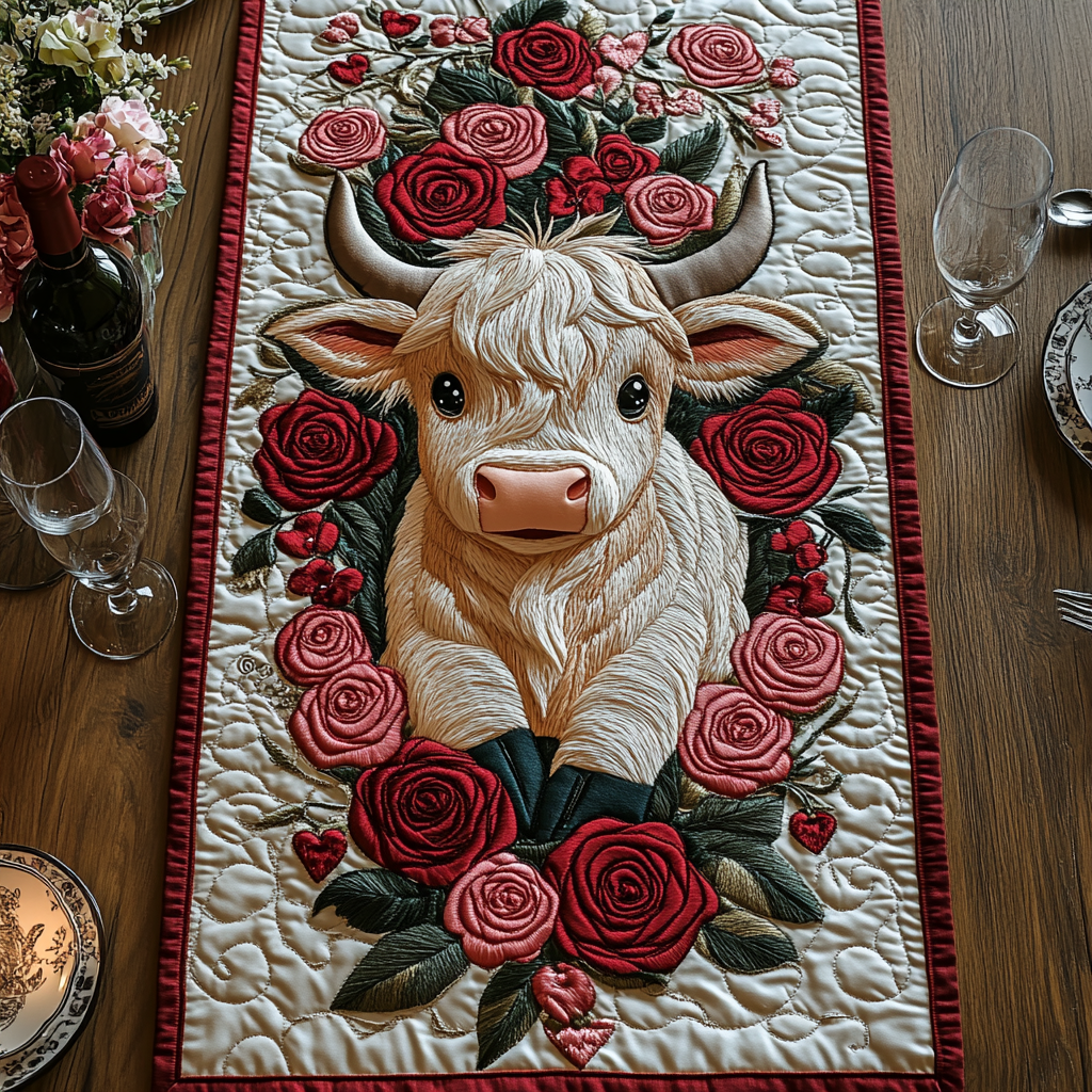 Highland Cow Bliss Quilted Table Runner NCU0DV2372