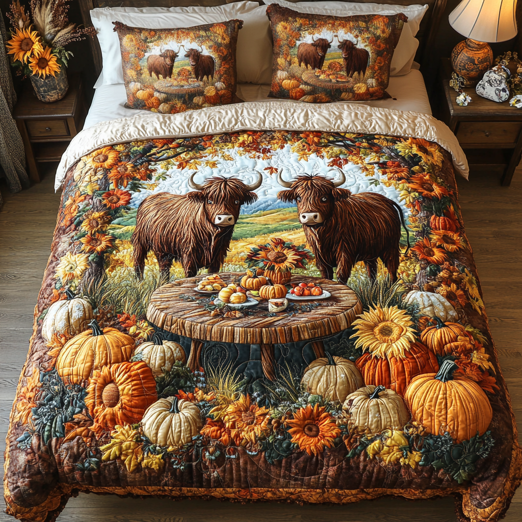 Highland Cow Bloom 3-Piece Quilted Bedding Set NCU0DK9616