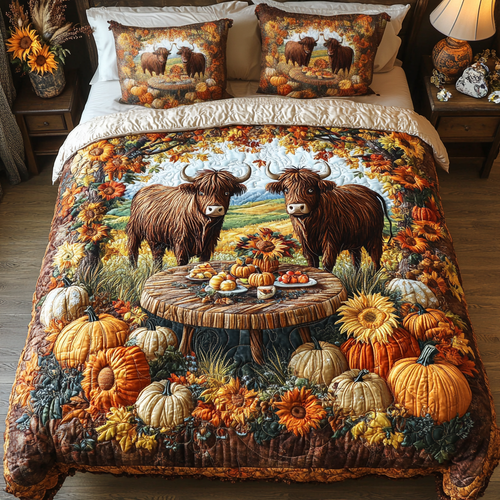 Highland Cow Bloom 3-Piece Quilted Bedding Set NCU0DK9616