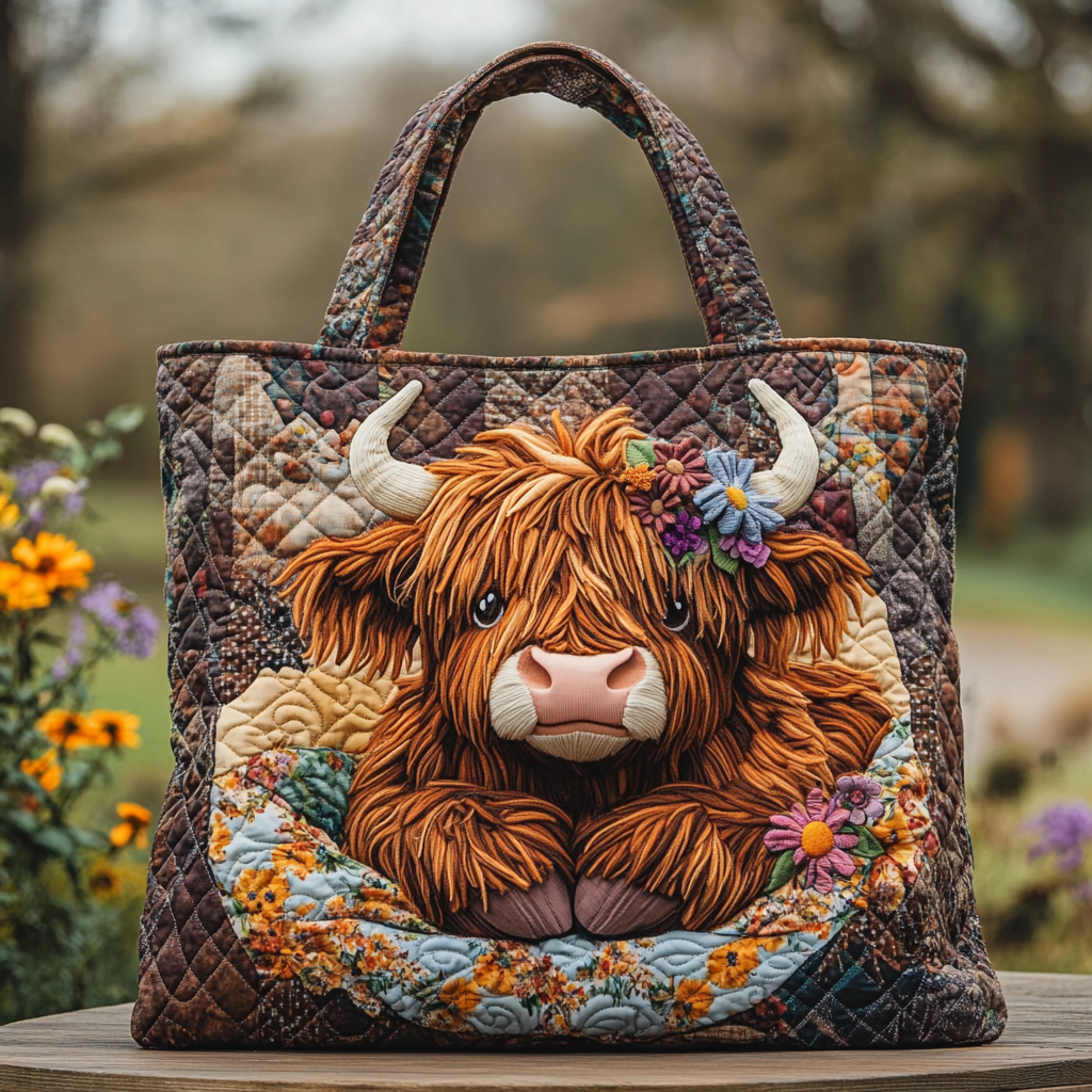 Highland Cow Blossom Quilted Tote Bag NCU0DK9351