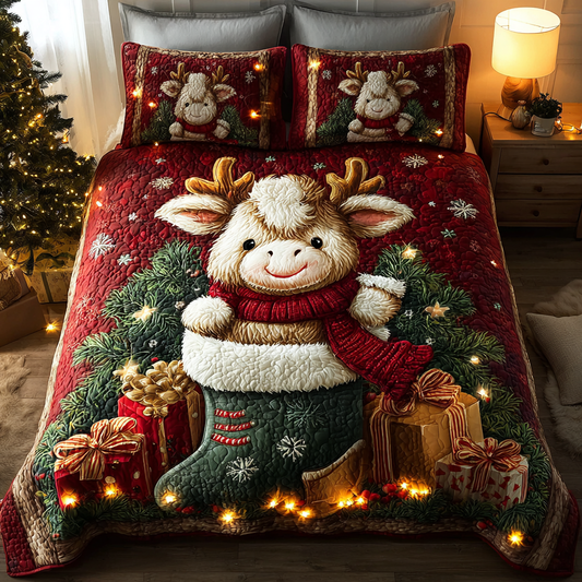 Highland Cow Charm 3-Piece Quilted Bedding Set NCU0DK10613
