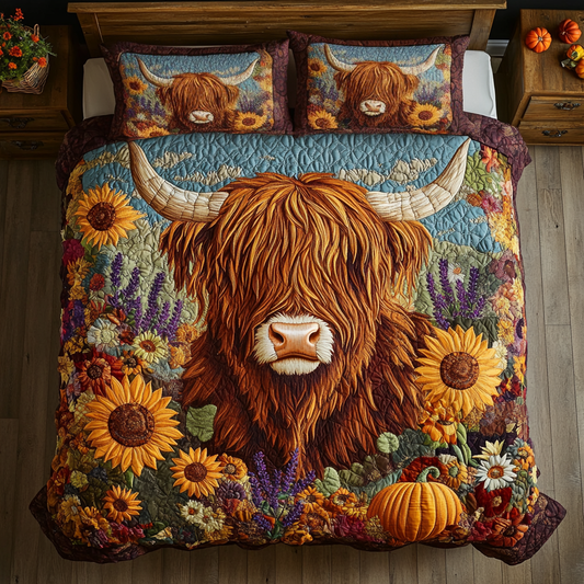Highland Cow Charm 3-Piece Quilted Bedding Set NCU0DK9618
