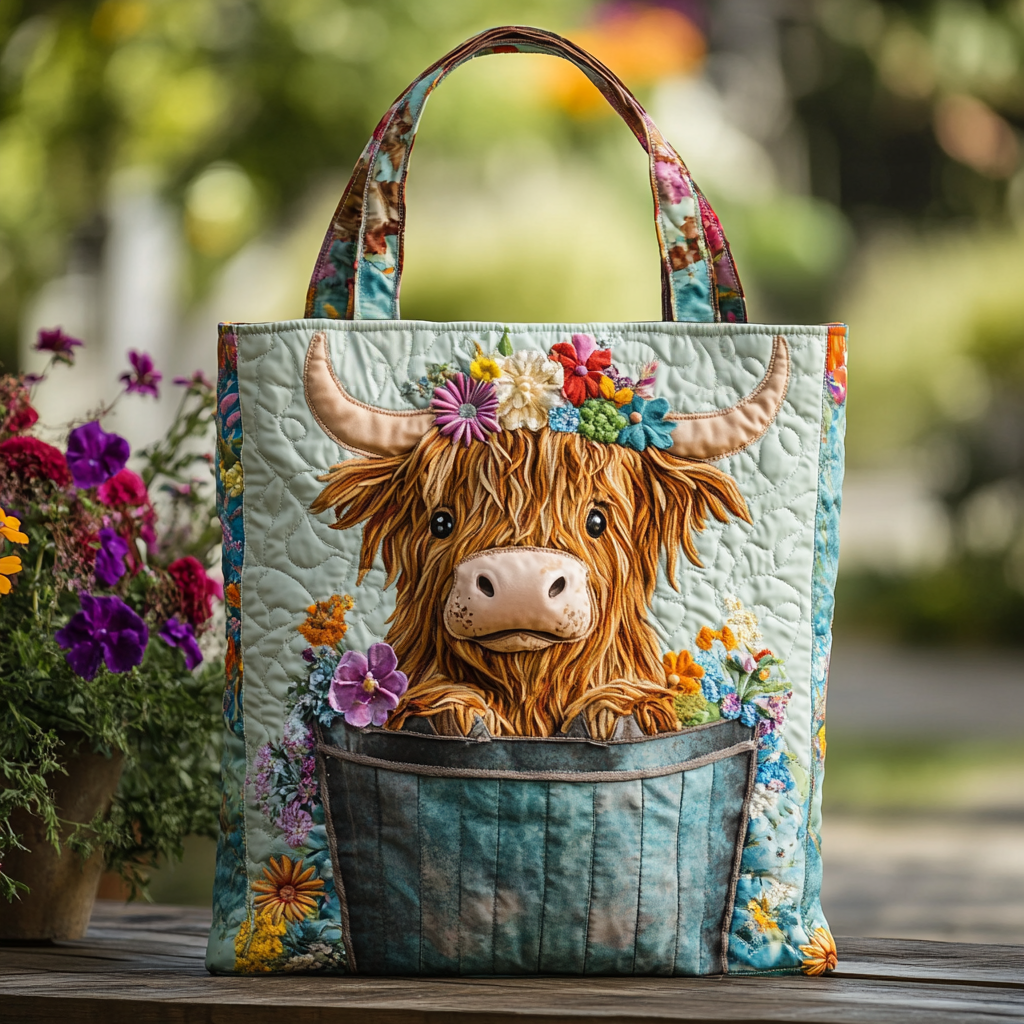 Highland Cow Charm Quilted Tote Bag NCU0DK9349