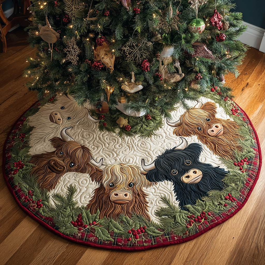 Highland Cow Cheer Christmas Quilted Tree Skirt NCU0DK11417