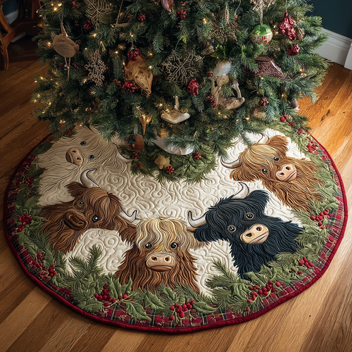 Highland Cow Cheer Christmas Quilted Tree Skirt NCU0DK11417