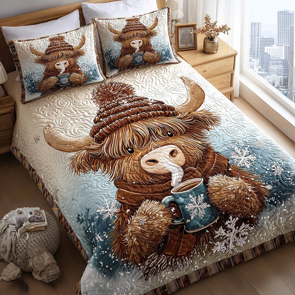 Highland Cow Cocoa Mornings 3-Piece Quilted Bedding Set NCU0TH3904
