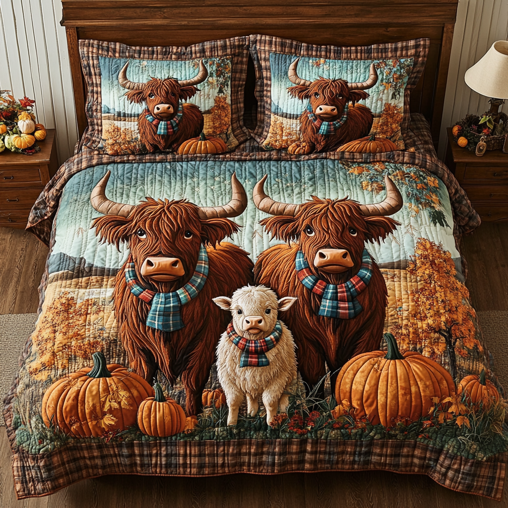 Highland Cow Harvest 3-Piece Quilted Bedding Set NCU0DK9617