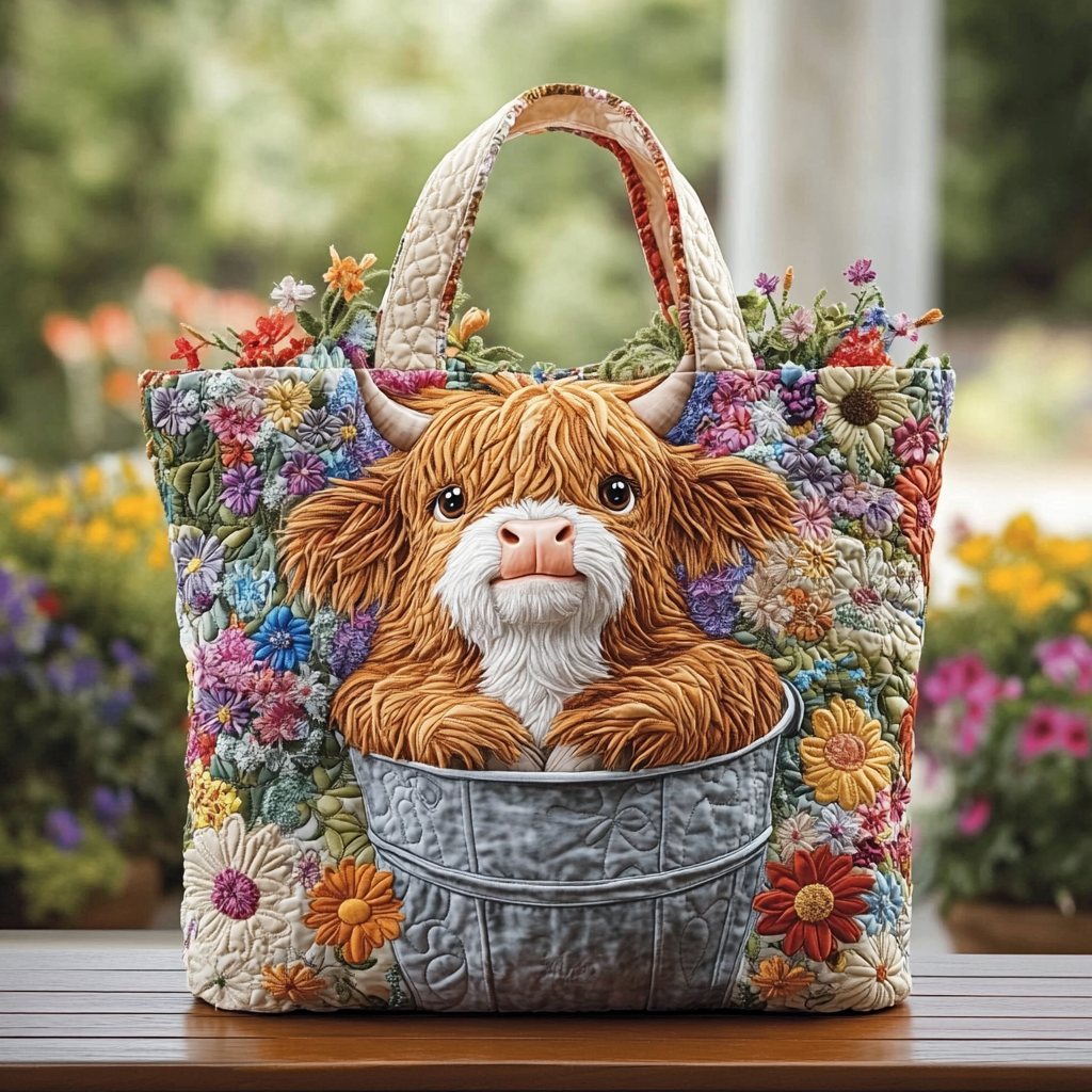 Highland Cow Meadow Quilted Tote Bag NCU0DK9350